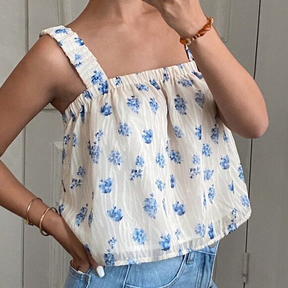 Blue And White Casual Women's Woven Jacquard Ruffle Hem Camisole - Picture 6 of 6